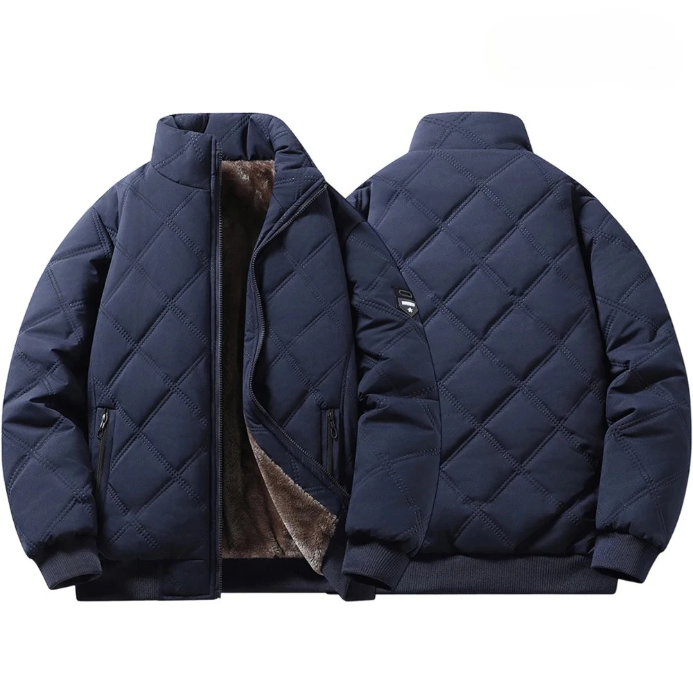 New Windproof Thermal Diamond Quilted Cotton Jacket Men Winter Men's Fleece-Lined Thickened Cuff Design Stand-Up Collar Jackets