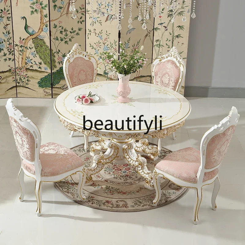 

A55 French rococo pink round dining table and chair combination carved dining room luxury furniture solid wood