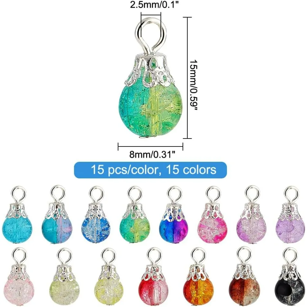 225pcs Crackle Dangle Charm 15 Colors Crystal Dangle Charms Pendants with Bead Cap Loops Spray Painted Glass Drops Beads Charms