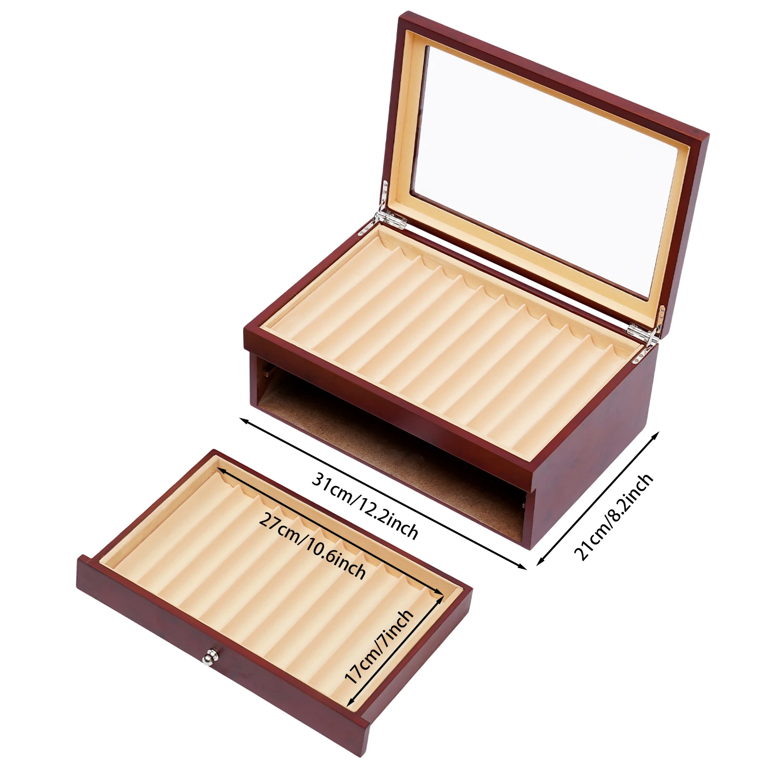 صندوق عرض أقلام خشبي أحمر مكون من 3 طبقات مكون من 34 فتحة، وبطانة مخملية من خشب الورد - غطاء زجاجي شفاف، طراز قديم لهواة الجمع