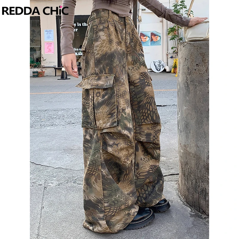 ReddaChic Street Style Snake Camouflage Cargo Jeans Women Trousers All Over Print High Rise Wide Leg Pleated Pants Retro Clothes