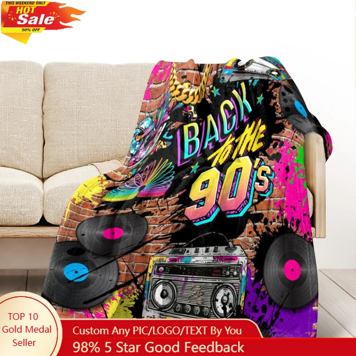 

Retro Vintage 90s Fashion Style Throw Blanket 50x60inch Lightweight Cozy Flannel Blanket for Men for Women Hip Hop Graffiti Bric