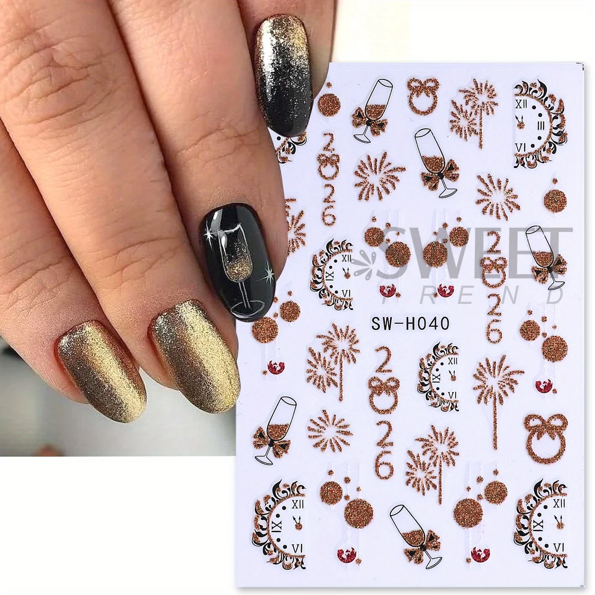 2개입 화려한 반짝이는 크리스마스 네일 아트 스티커 홀로그램 골드 글리터 크리스마스 트리 엘크 시계 디자인 새해 매니큐어 데칼
