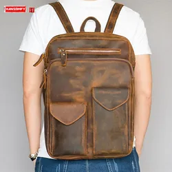 Genuine Leather Men Backpacks Retro 14-15.6 Laptop Bags Crazy Horse Leather Schoolbag Large Capacity Travel Backpacks 2024 New