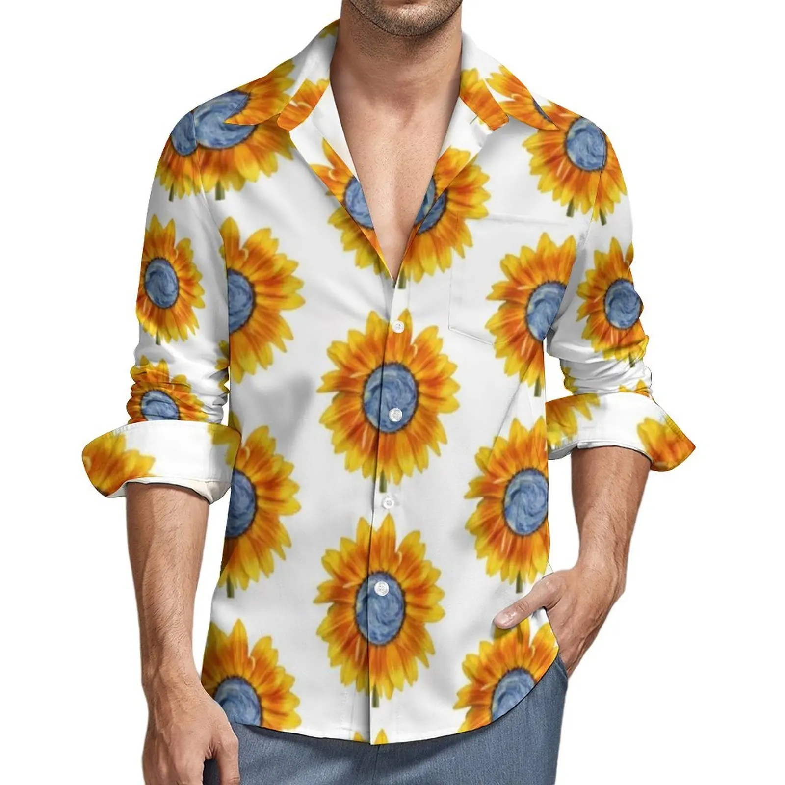 Sunflower Art Blouse Men Van Gogh Starry Night Shirt Long Sleeve Cool Y2K Street Casual Shirts Spring Design Top Plus Size 4XL