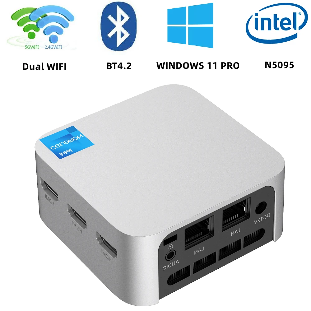 Mini PC T8 Pro Windows 11, Intel Celeron N5095, 8 Go DDR4, 256 Go, SSD NVMe, ordinateur pour touristes, BTéclairé, 1000M, LAN, trois ordinateurs de jeu HD