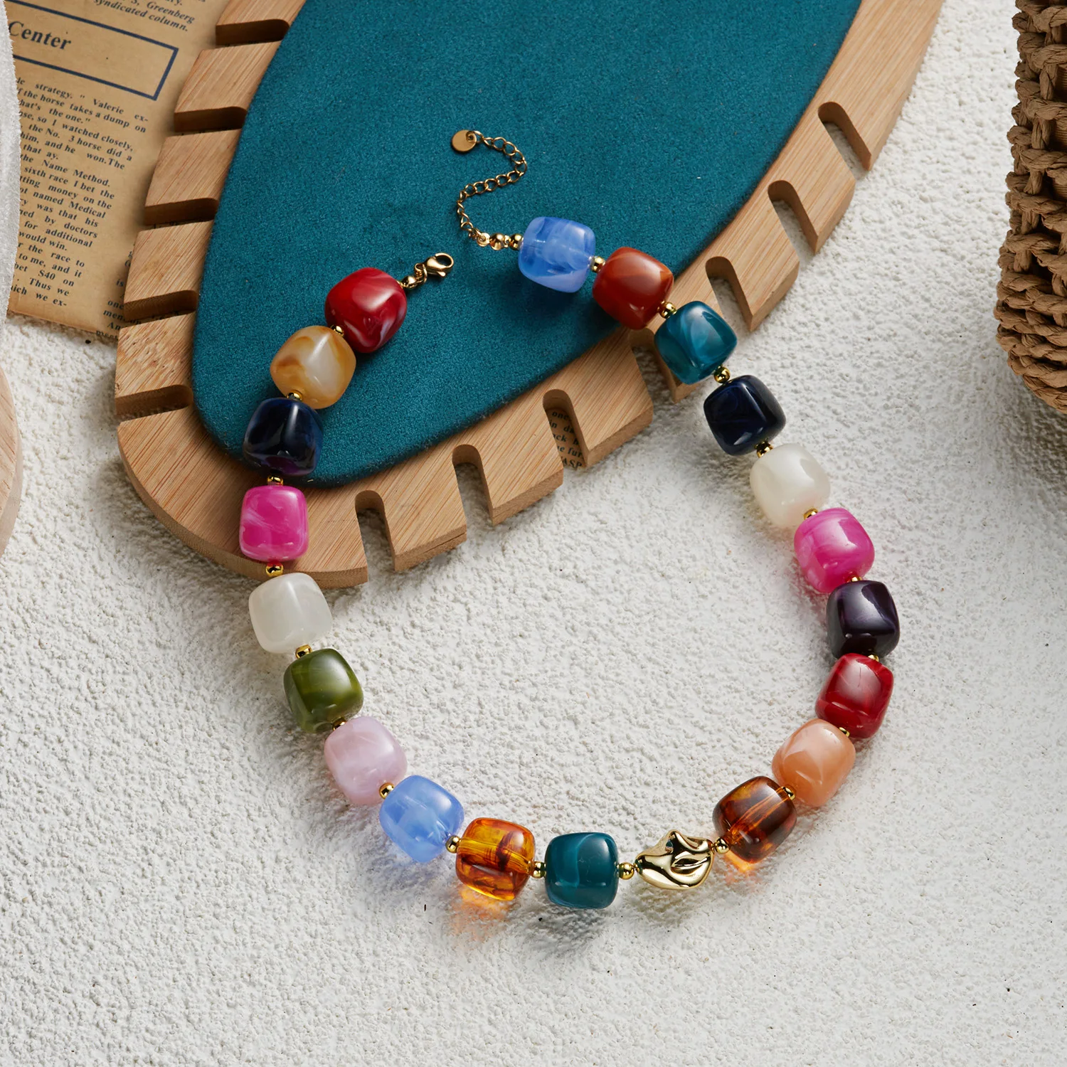 Böhmische Harz-Quadratperlen-Halsketten für Damen und Herren, Vintage Glatte Unregelmäßige Geometrie-Choker, Party-Schmuck-Geschenk – Detail 6