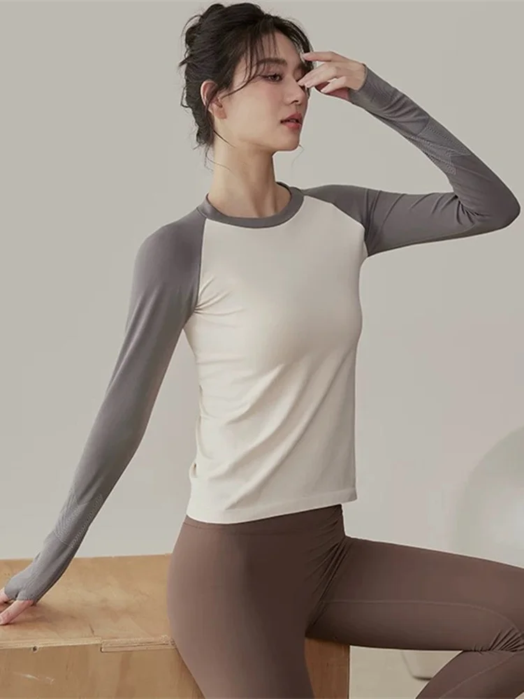 

Женская спортивная одежда для йоги: футболка с длинным рукавом для бега и фитнеса, топ в корейском стиле с цветными блоками, облегающий, с круглым вырезом