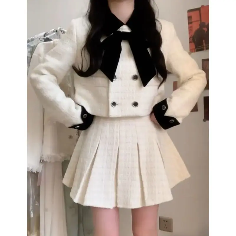 Petites Two Sets Spring Fashionable Lady New Small Fragrance Style High-grade Black Cuff Short Coat Top Women's High Waist Skirt