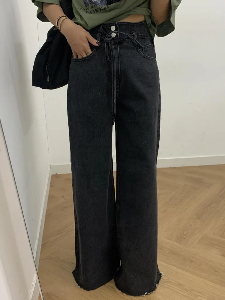 High Waist Slimming Side Pleated Chic Autumn New Vintage Denim Jeans Long Trousers Women's Fashion Korean Style with Frayed Hem