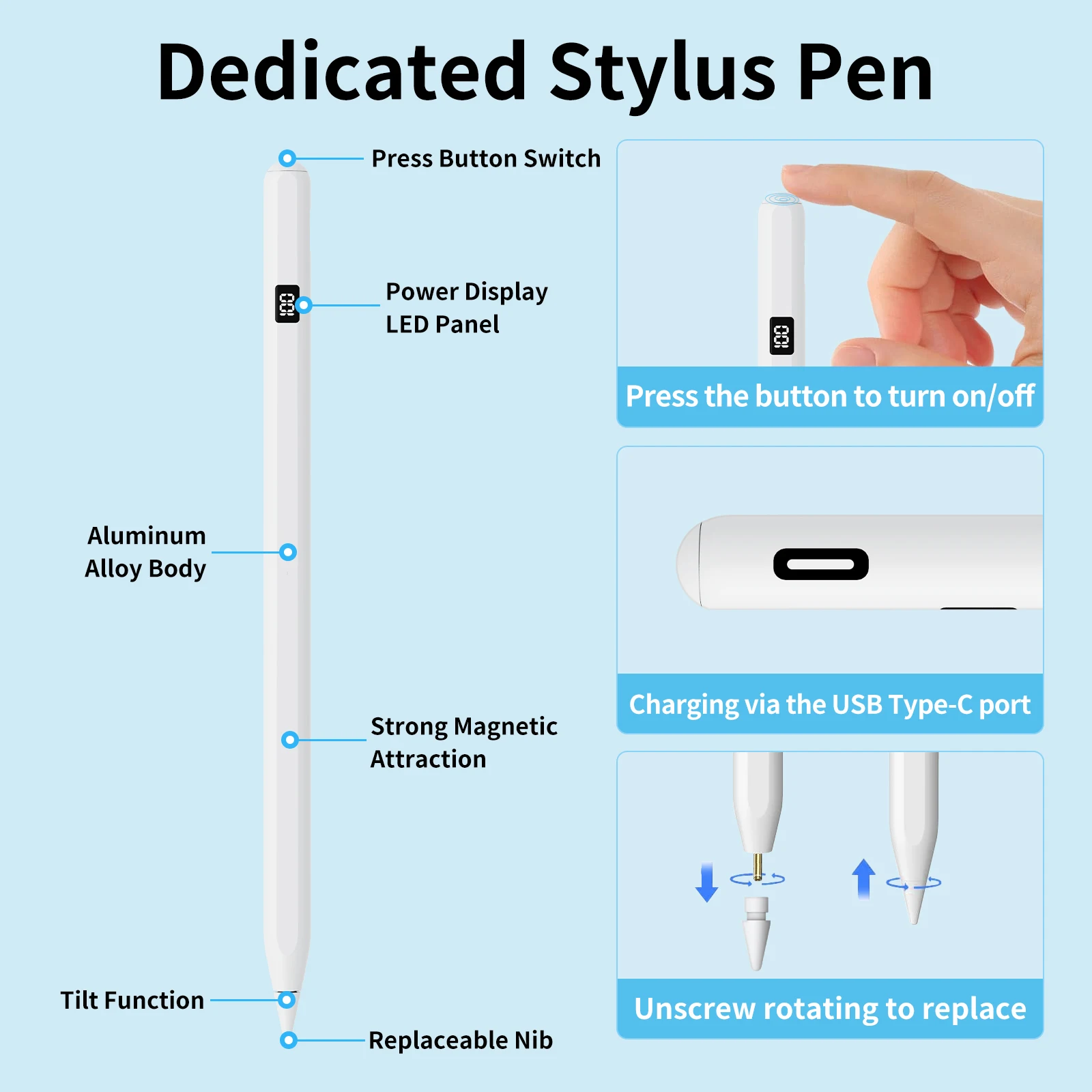 Magnetic Fast Charge Capacitive Stylus Pencil for Apple iPad with Palm Rejection & Tilt Sensitivity for Type C Charging Port #3