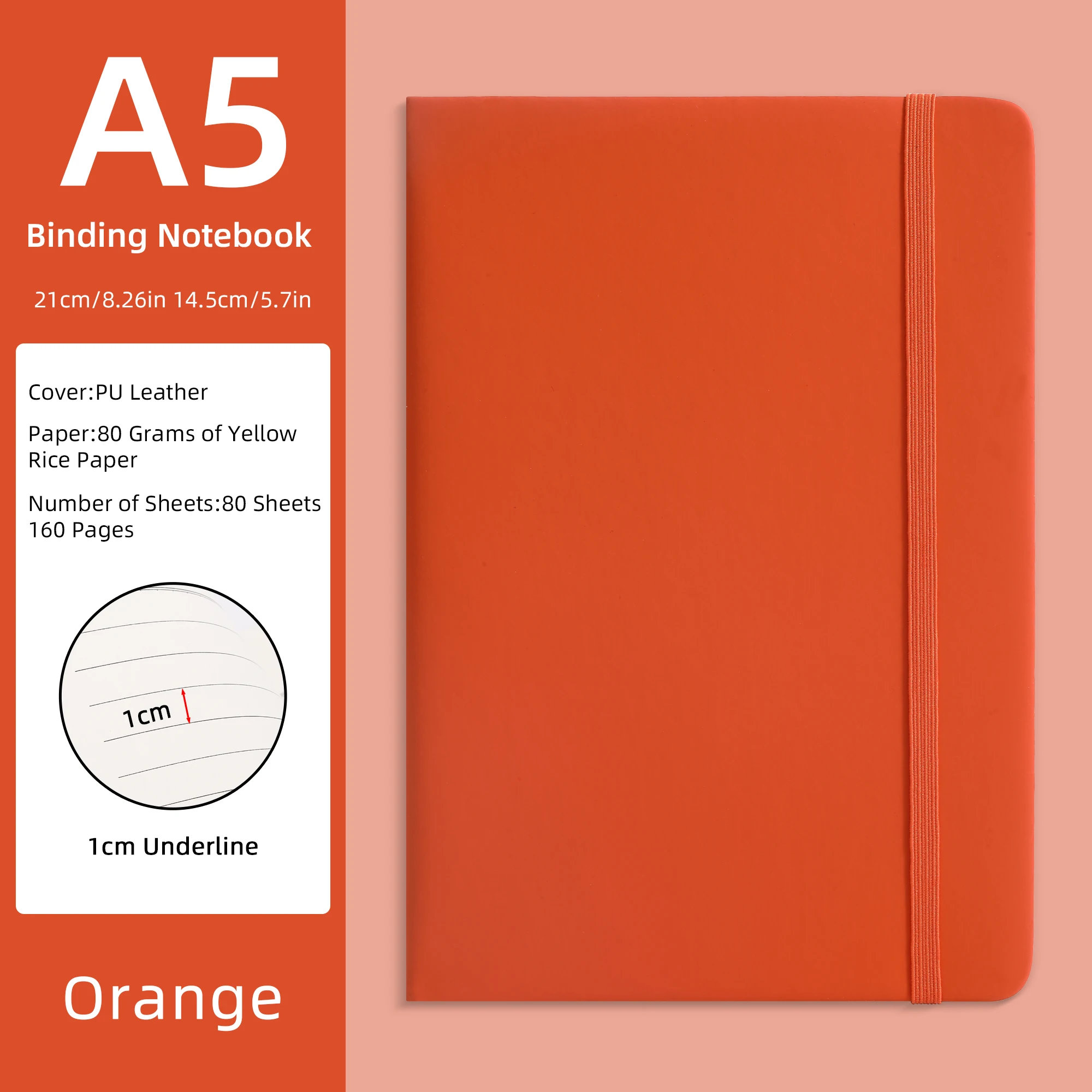 A5 PU-Leder Notizbuch - Lila, 80 Blatt (160 Seiten) 80g/m² Gelbes Reispapier, 1cm Unterstrichung, Hardcover-Journal mit Gummiband – Detail 3