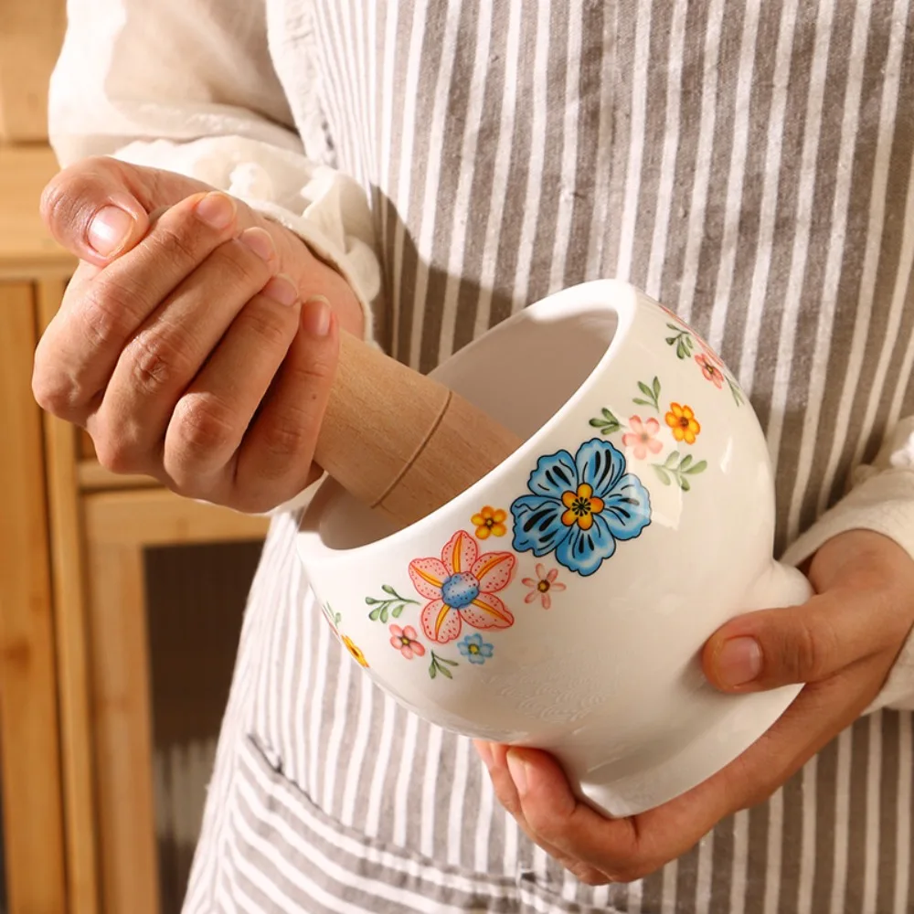 Multifunctional Ceramic Ceramic Mortar Labor Saving Flower Pattern Manual Mortar Internal Thread with Lid Pestle Set Kitchen