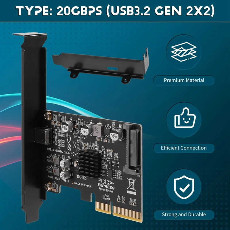 USB PCIE Card Type C PCI-Express 4X to USB 3.2 Gen 2X2 (20Gbps) ASM3242 Chipset for 8/10/LinuxA09G - view 2
