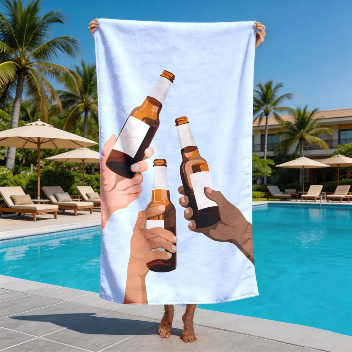 Toasting beer on the beach theme polyester microfiber beach towel is highly absorbent, suitable for swimming and beach outings