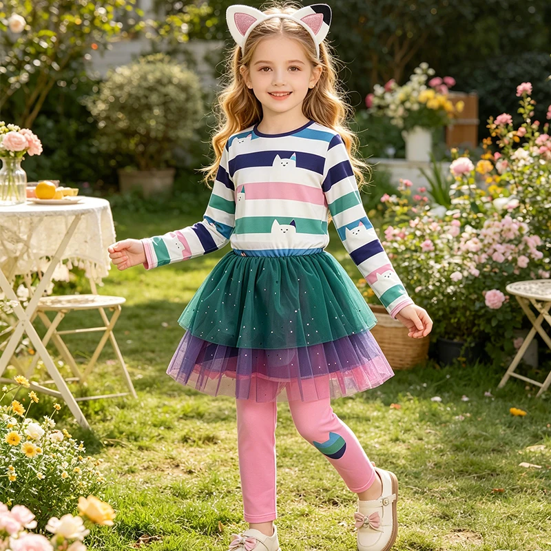 2026 Halloween-Kostüm Mädchen Herbst Langarm Regenbogen-Streifen T-Shirt+Hosen Sets für Kinder Cartoon Cosplay Katzen-Karnevals-Sets