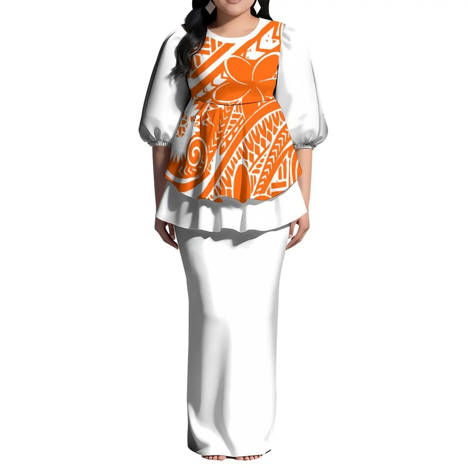 New Customized Tonga Puletasi Dress  Ladies Bubble Sleeve Round Neck Dress Hawaii Design Back Slit Dress 2 Piece Set Dress