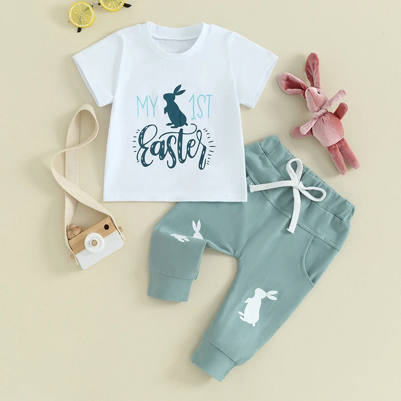 

2023-12-04 Lioraitiin Newborn Baby Boy Easter Outfit Bunny Letter Printed Short Sleeve T-Shirt Tops and Jogger Pants Set