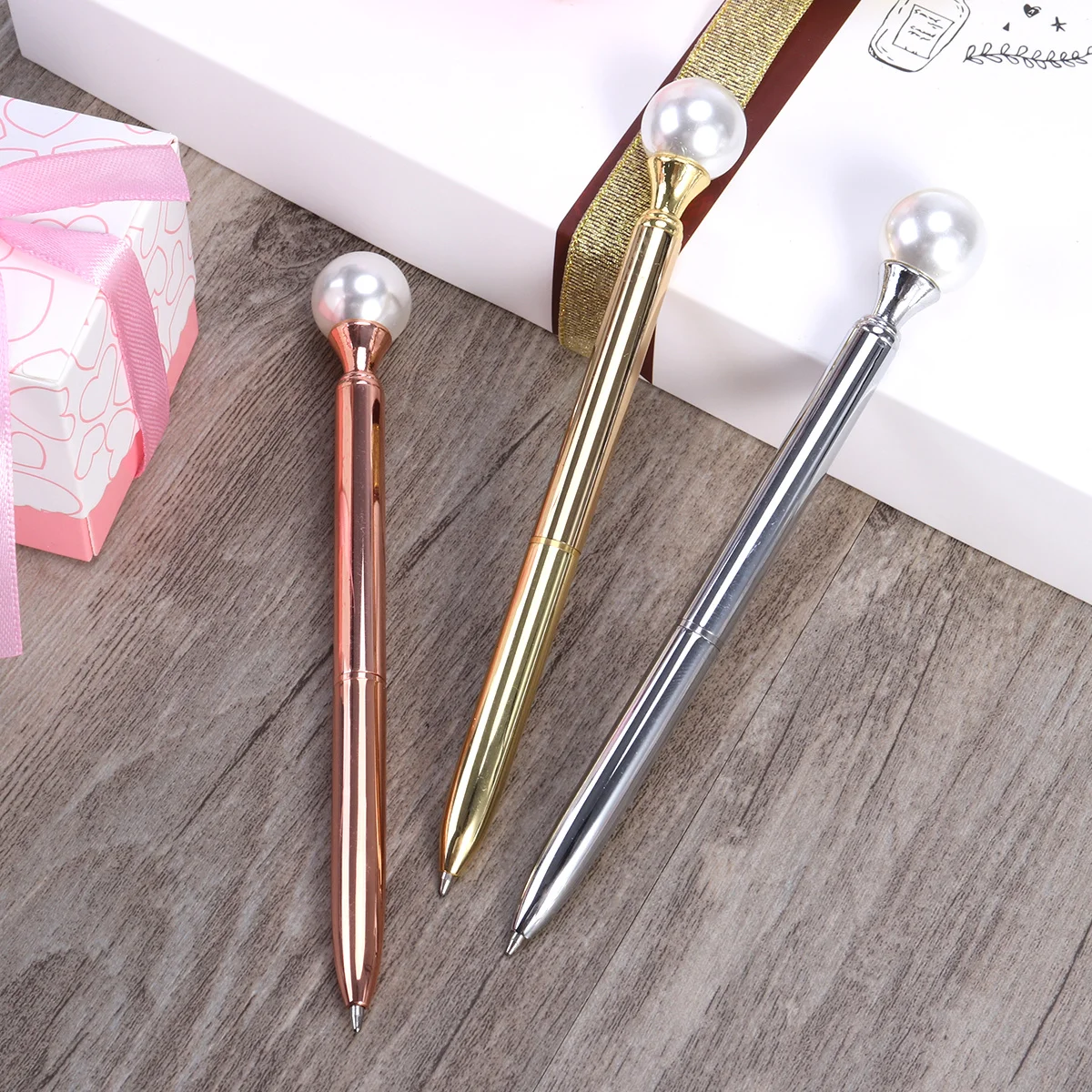 3pcs Metal Ballpoint Pen Large Pearl Design Smooth Writing Wear-Resistant For Office School Graduation Gift Fine Point Pens