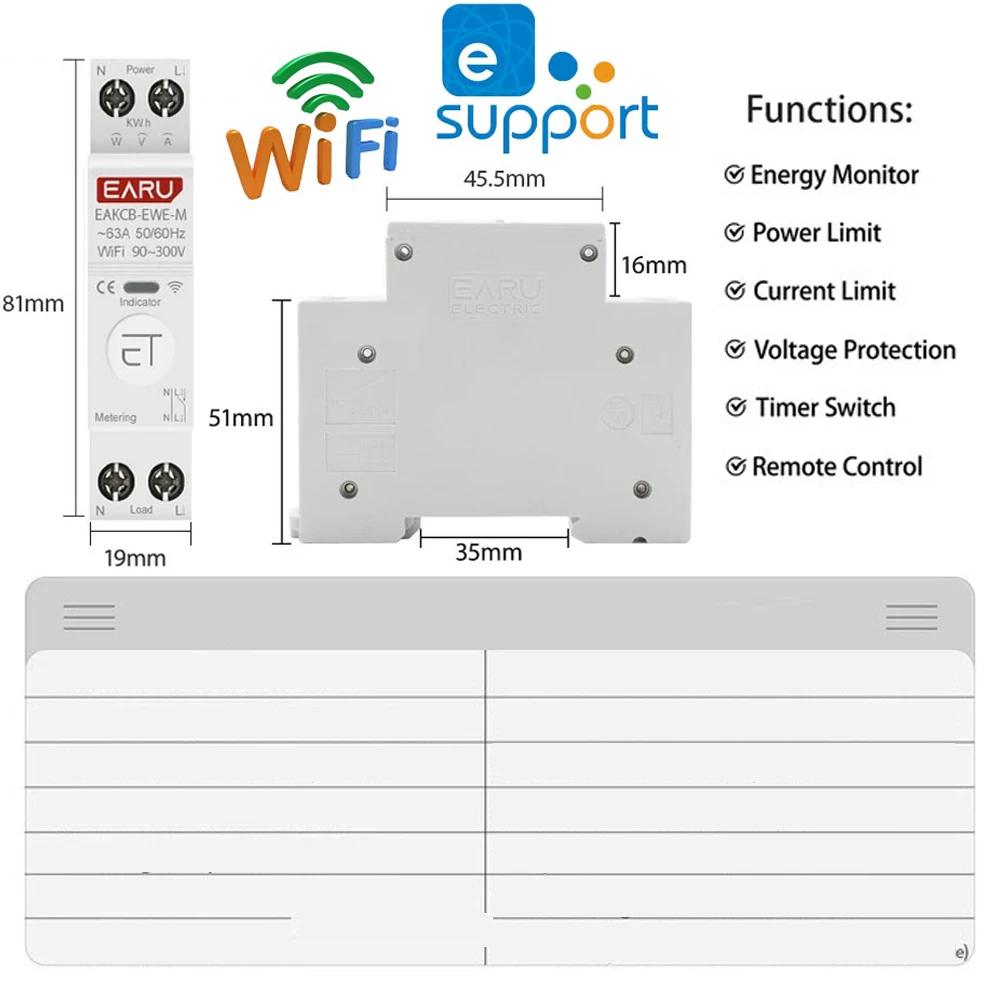 

WiFi eWelink Smart Circuit Breaker MCB 1-63A Adjustable Energy Voltage Current Meter Protector Remote Control Switch
