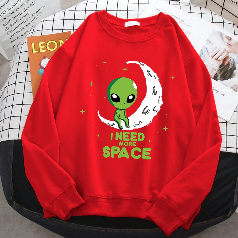 Casual Kawaii Women Sweatshirts I Need More Space Green Alien Print Hoodie Loose Warm Pullover Soft Fleece Ladies Streetwear