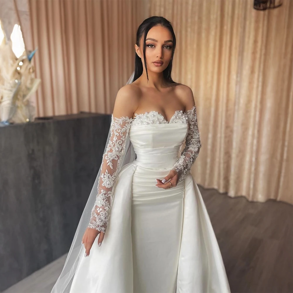 

Индивидуальное свадебное платье больших размеров с открытыми плечами и кружевными рукавами, свадебное платье русалки с жемчужными деталями для пышных невест