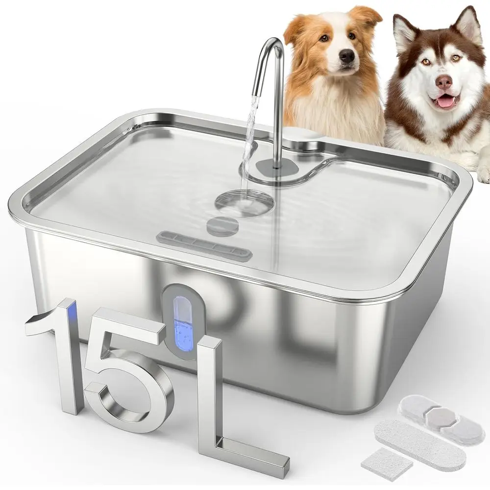 

15L Stainless Steel Automatic Dog Water Dispenser with LED Light, Filter Included
