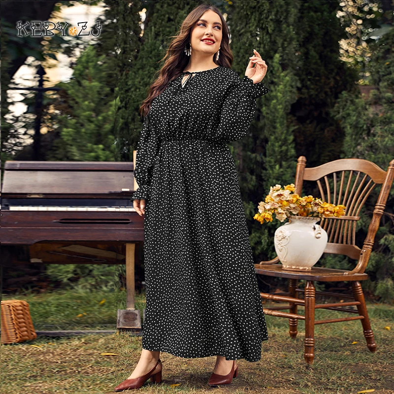 KEBY ZJ 3XL 4XL Plus Size Women Clothing Elegant Long Sleeves Polka Point Female Maxi Dress Casual Travel Vacation Chiffon Dress