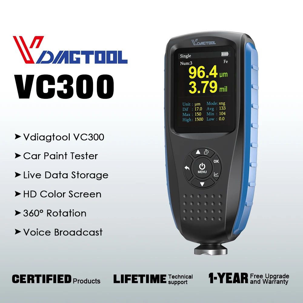 

VDIAGTOOL VC300 Car Thickness Gauge with Digital LCD Backlight Car Paint Tester Fe/nFe Coating Thickness Gauge 0.1micron/0-1300