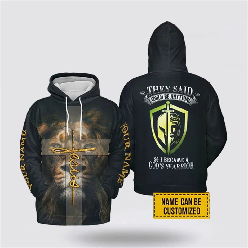 Christian Jesus Custom Name Hoodie Long Sleeve Pullover Sweatshirt 3D Print Cross Lion Streetwear Hoodies Autumn Casual Daily