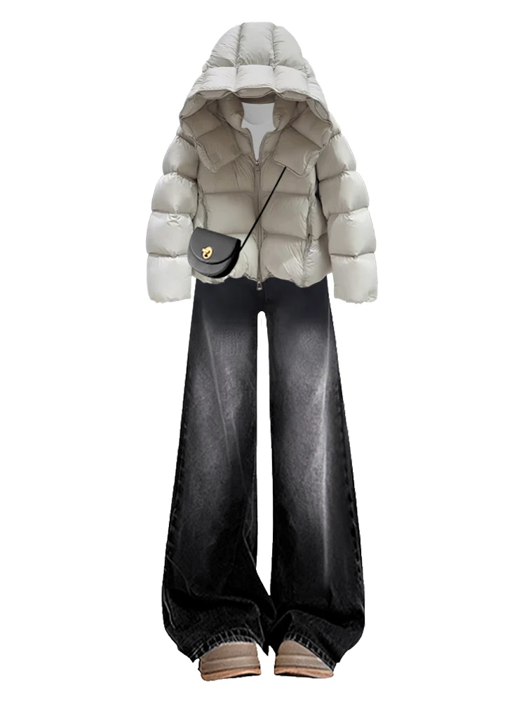 Faionable Quilted Hooded ort Cotton Jaet with Denim Pants Set Women's Winter Warm Lazy Sle Clothing High Waist Long P...