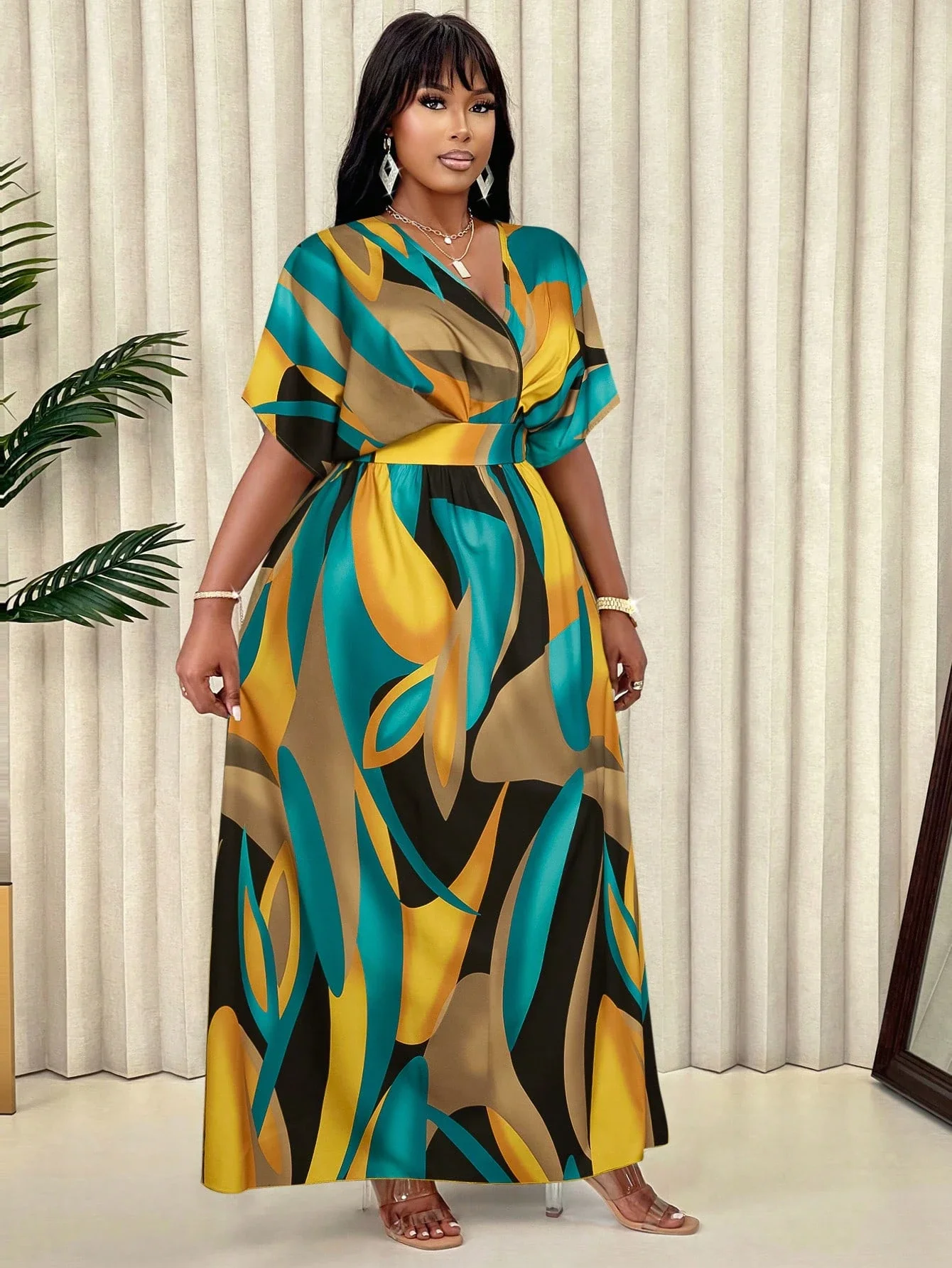 

Plus Size Women Geometric Print V-Neck Short Sleeve Casual Maxi Dress Summer Elegant Vacation