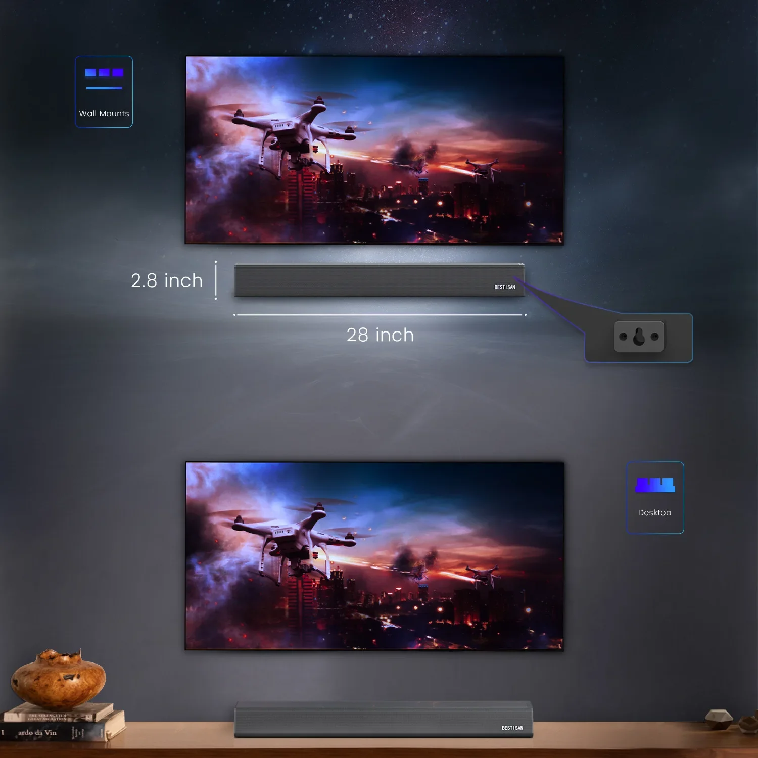 Wireless Home Theater 60W High-power Sound Blaster Bluetooth Speaker Support Optical Coaxial USB Wall-mounted Soundbar for TV PC