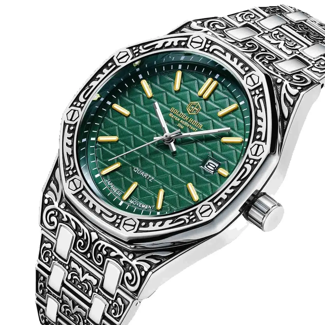 Carve Vintage Watches Classic Green Water Ghost table waterproof Engrave Copy Quartz Watch bracelet  Free shipping