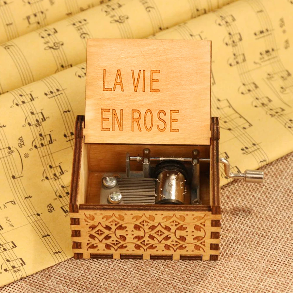 La Vie In Rose Hand Cranked Music Case Wooden Antique Ornament Lightweight Musical Case Decor Gifts for Valentine's Day Birthday
