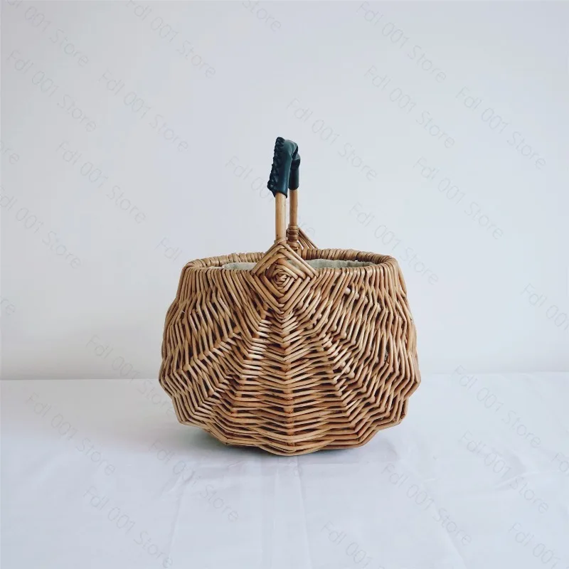 Hand-sewn Leather Handle Rattan Bag Picnic Basket Oval Straw Bag Vintage Bucket Bag