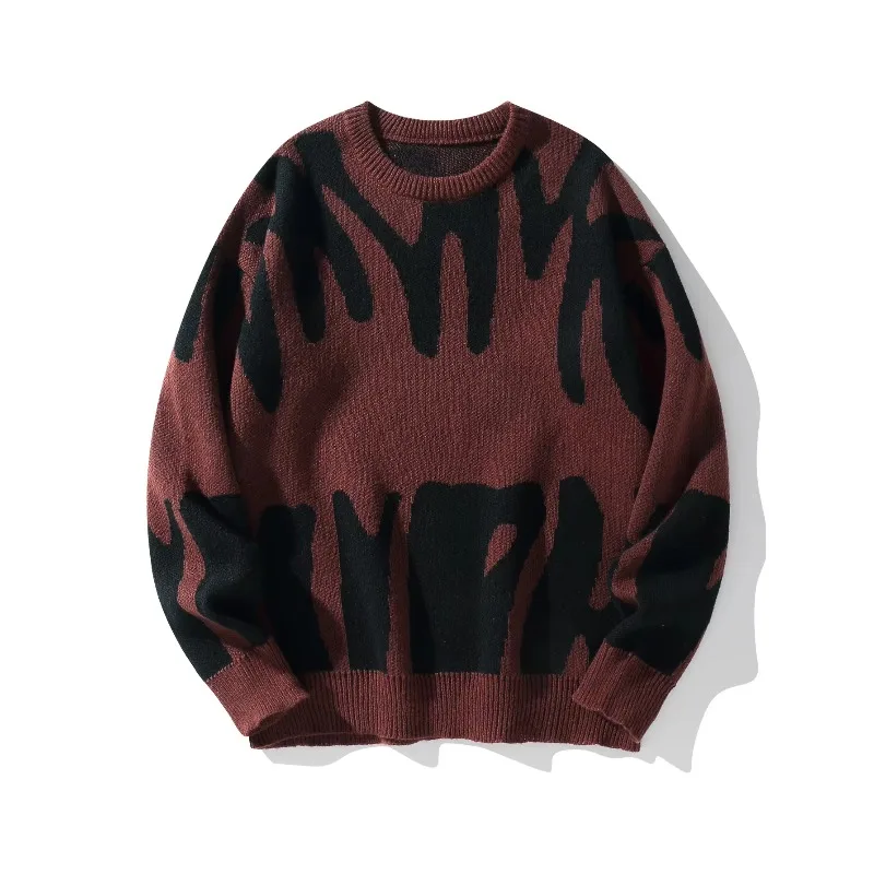 Popular Autumn Winter Irregular Jacquard Pattern Pullover Sweater Casual Round Neck Contrast Color Knitted Men's Pullover M828