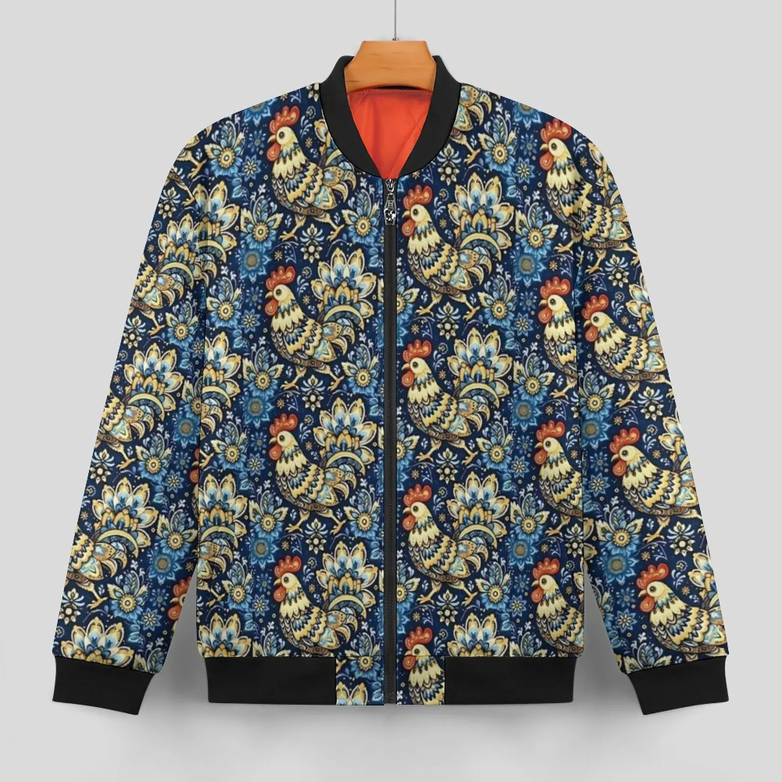 Folk Art Chickens Casual Jackets Man Rooster Floral Coats Autumn Aesthetic Jacket Windproof Custom Classic Windbreak 4XL 5XL 6XL