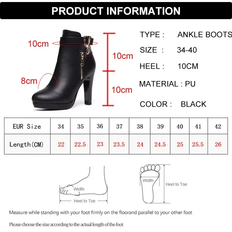 Sexy Black High Heels Ankle Boots for Women Classic Autumn Winter Platform Boots Woman Zipper Keep Warm Short Boots