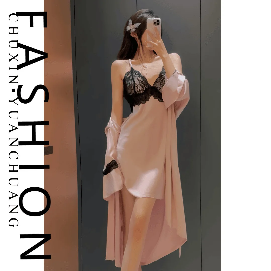 

Женская пижама из ледяного шелка, новинка 2024, сексуальная кружевная ночная рубашка на подтяжках, комплект из двух предметов, весенне-летняя ночная рубашка с открытой спиной, домашняя одежда n