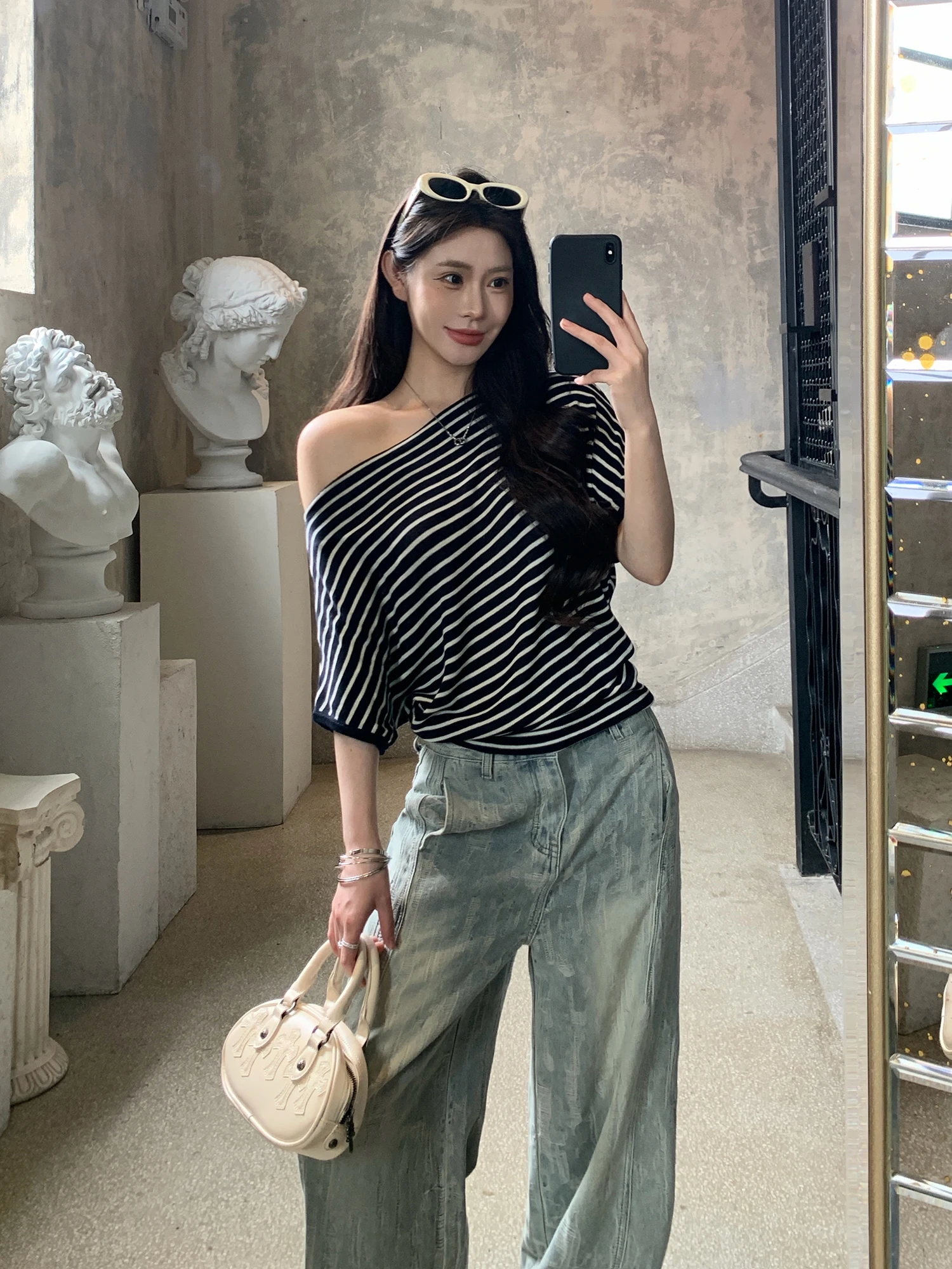 

Casual Striped T-Shirt Women's Loose Fit Summer Slouchy Style Versatile Oversized Slimming Casual Top Withmxboom Grey Home