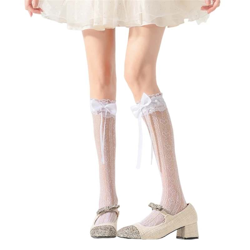 Women Ribbon Bowknot Sweet Lace Socks Ruffle Frilly Student Over Calf Socks