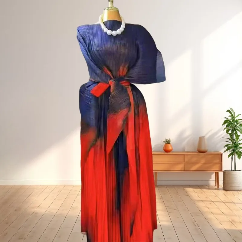 

Miyake Pleated Women's Suit Gradient Printed Top Pleated Casual Wide Leg Casual Pants Middle East Plus Size African Prom Dresses