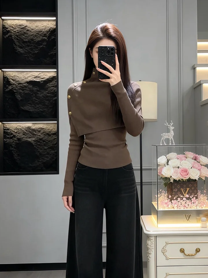 

Корейский женский вязаный свитер с высоким воротником и асимметричным подолом, осенне-зимний, облегающий, модный базовый слой