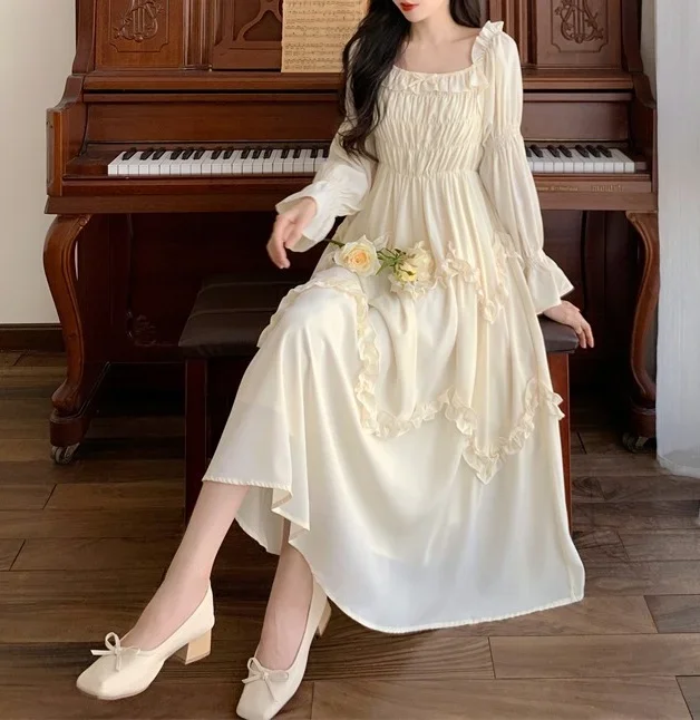 Elegant and Beautiful Women's Dresses with Lining French Retro Dress Holiday 2024 Spring High Waist Beige Long Female Dresses