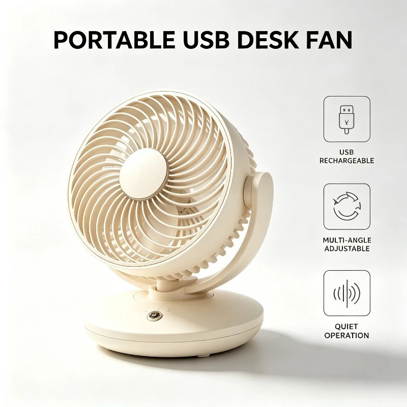Portable USB Rechargeable Mini Desk Fan Multi-angle Adjustable Fan Home Student Office Dorm