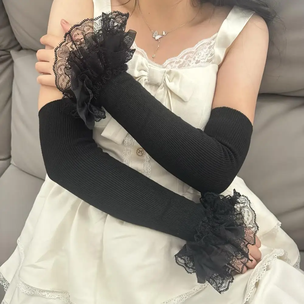 

Autumn Winter Warm Long Sleeves Y2K Lolita Lace Floral Detachable Cuff knitted Long Arm Warmers Sweater Blouse Wrist sleeves