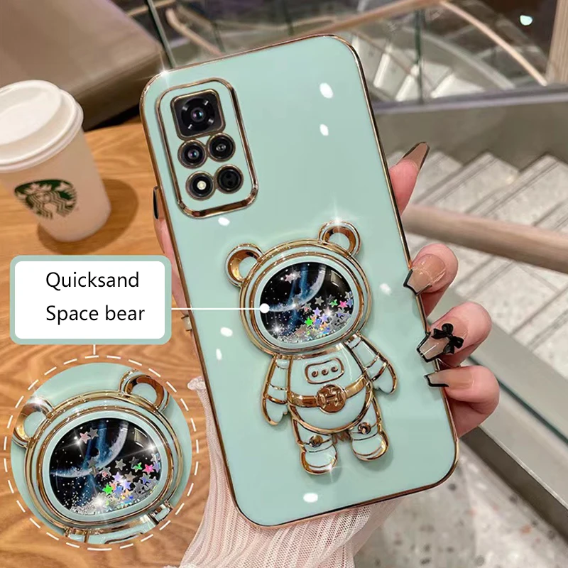 Quicksand Space Bear Holder Plating Phone Case For Xiaomi Redmi 10C A1 Note 7 5 8 9 10 11 Pro 11S 10S 10A 9C 9A 9T 8T Soft Cover