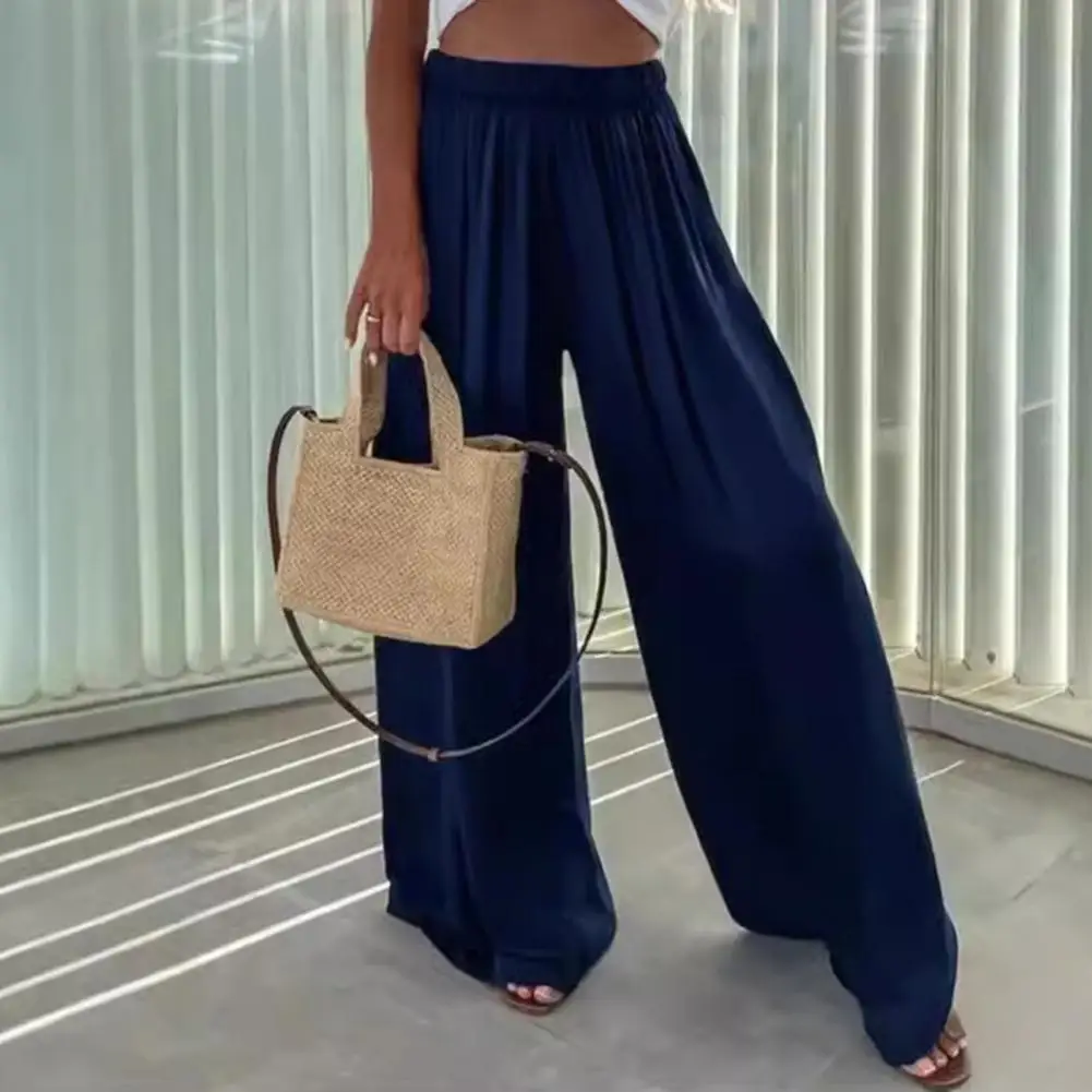 

Women Pants Oversize Wide Leg Elastic Waist Casual Trousers Loose Fit Solid Color Thin Long Pants Daily Wear