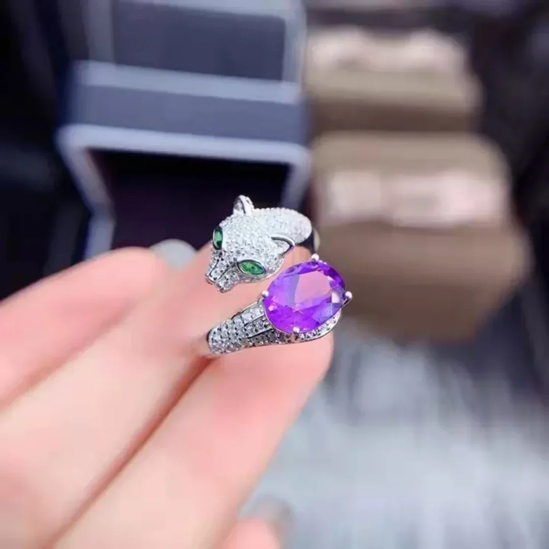 Fashion Natural Amethyst S925 Sterling Silver Women Leopard Ring Fine Luxury Personality Jewelry Luxury Jewelry Designers